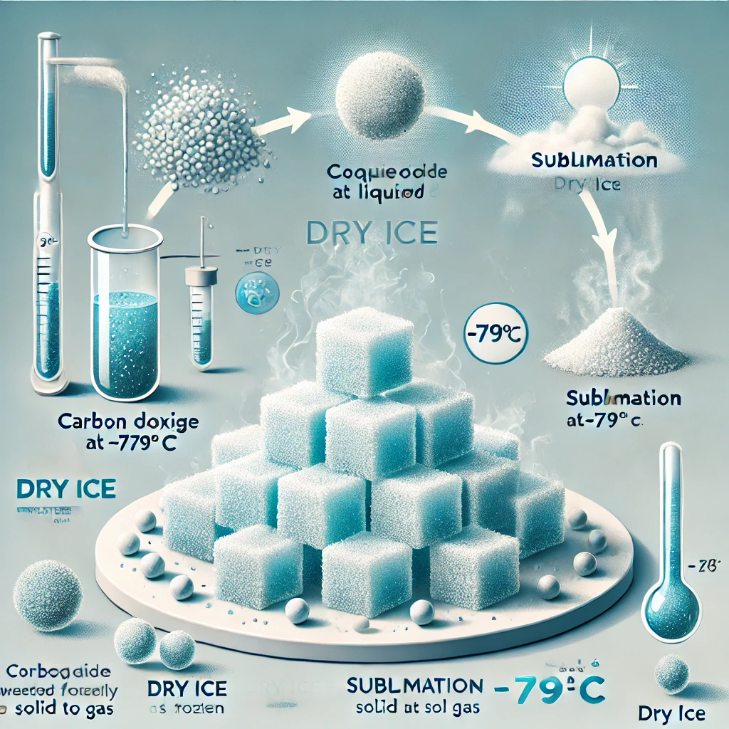 DALL·E 2024-11-24 07.34.42 - An educational and visually appealing illustration showing the process of dry ice creation without text. The image features key stages_ carbon dioxide