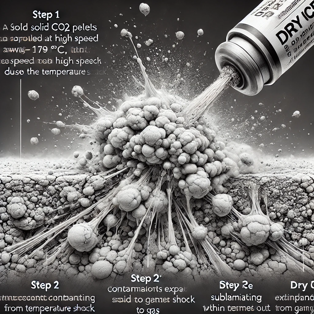 DALL·E 2024-11-24 07.42.21 - A highly realistic black and white illustration providing an additional perspective of the dry ice cleaning process. Step 1_ A side view of solid CO2