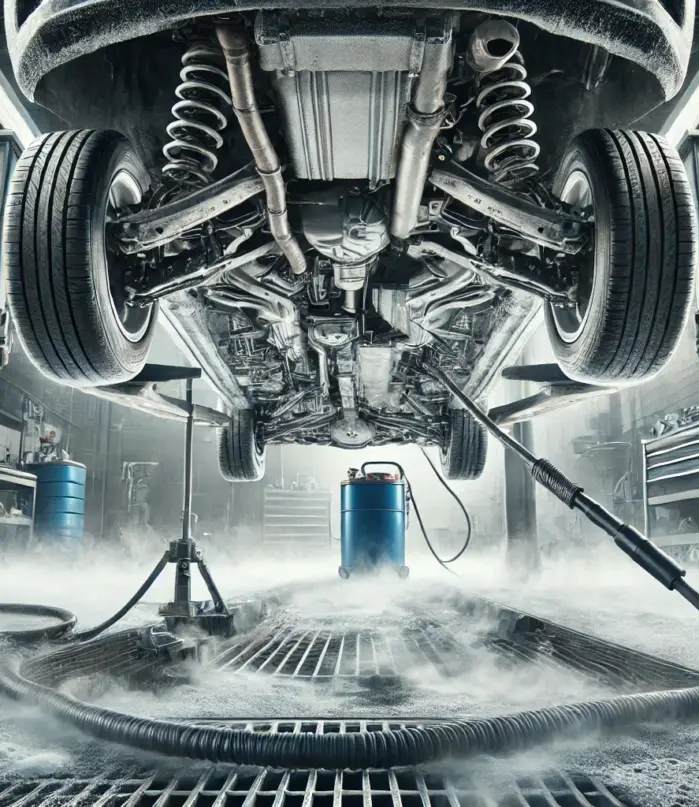 DALL·E 2024-11-24 07.22.27 - A professional and detailed image showcasing the undercarriage of a car being cleaned with dry ice technology. The scene highlights the process in act